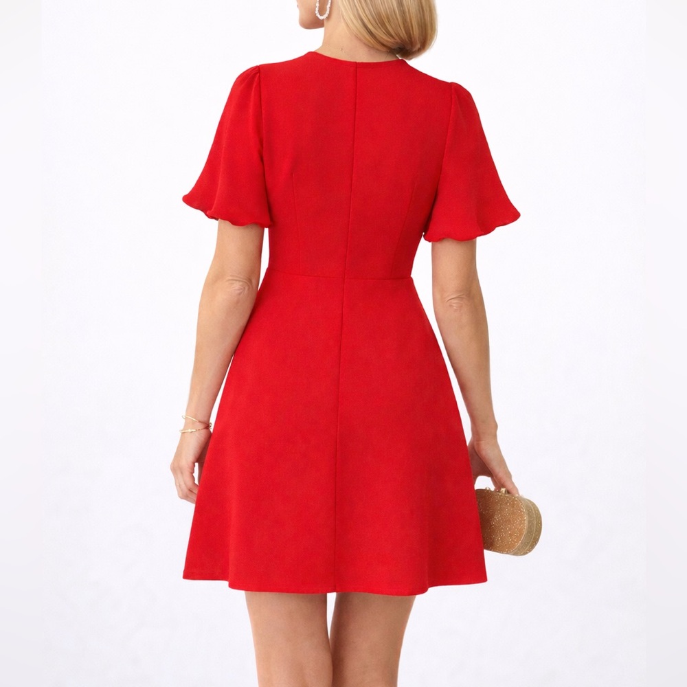 Red  Medium  Ruffle Sleeve Cocktail Fit & Flare Mini - Picture 2 of 3